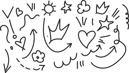Hand drawn doodle elements collection featuring arrows hearts stars and crowns