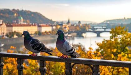 Two pigeons perch on a railing with a city skyline backdrop in autumn colors under a hazy morning light