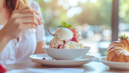 Woman enjoying a delicious sweet dessert with ice cream and fruit in a cafe