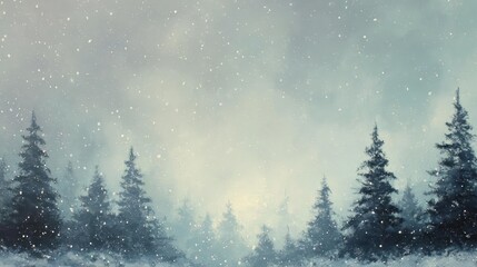 Misty winter forest scene with snow falling gently and soft light breaking through the trees