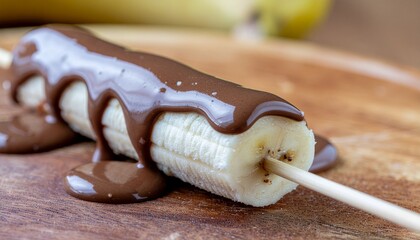 Delicious banana covered in rich chocolate sauce on a wooden stick, a sweet treat