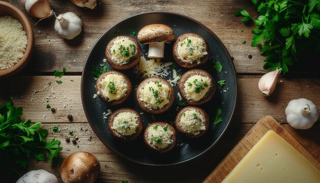 Delicious homemade stuffed mushrooms with cheese and garlic on a rustic wooden table