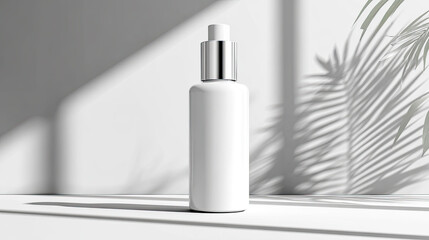 Minimalistische, helle Produkt-Szenen mit klaren Mockups für kosmetische Flaschen, Pumpspender, Tiegel und Tropfer. Sanftes Tageslicht, natürliche Materialien und ruhige Oberflächen