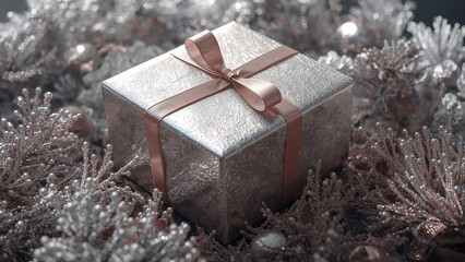 Shiny Gift Box with Rose Gold Ribbon on Glittering Christmas Decoration