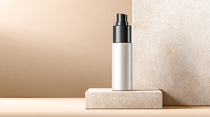 Minimalistische, helle Produkt-Szenen mit klaren Mockups für kosmetische Flaschen, Pumpspender, Tiegel und Tropfer. Sanftes Tageslicht, natürliche Materialien und ruhige Oberflächen