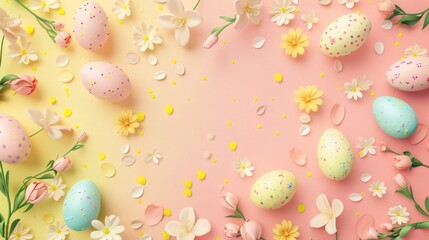 Delightful Easter eggs and spring flowers arrangement on pastel background celebrates renewal and joy for holiday marketing and heartfelt seasonal greetings