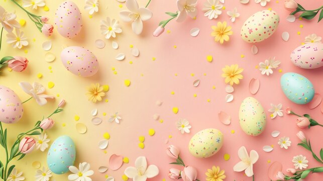 Delightful Easter eggs and spring flowers arrangement on pastel background celebrates renewal and joy for holiday marketing and heartfelt seasonal greetings