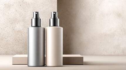 Minimalistische, helle Produkt-Szenen mit klaren Mockups für kosmetische Flaschen, Pumpspender, Tiegel und Tropfer. Sanftes Tageslicht, natürliche Materialien und ruhige Oberflächen