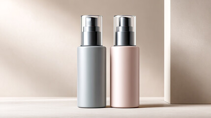 Minimalistische, helle Produkt-Szenen mit klaren Mockups für kosmetische Flaschen, Pumpspender, Tiegel und Tropfer. Sanftes Tageslicht, natürliche Materialien und ruhige Oberflächen