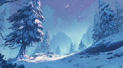 Enchanting winter forest scene with snow covered pine trees and a gentle crescent moon in the twilight sky