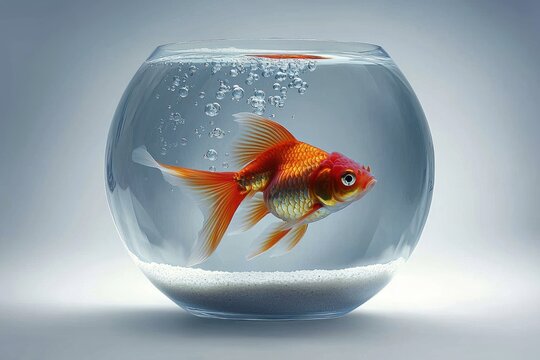 Goldfish swims in a rounded clear fishbowl with white gravel and water bubbles - Powered by Adobe