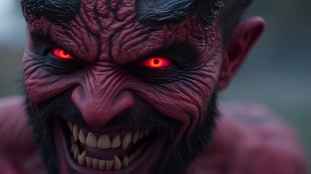 Intense Demon Face with Red Eyes and Horns in a Dark Scene.