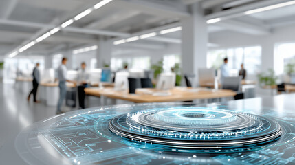 Futuristic digital interface displayed in modern office environment, showcasing advanced technology with blurred professionals working in the background, emphasizing innovation and collaboration