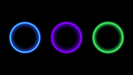 Neon round frame on a black background. Neon circle frame set design. Graphic element for social media. Glowing neon, vector illustration