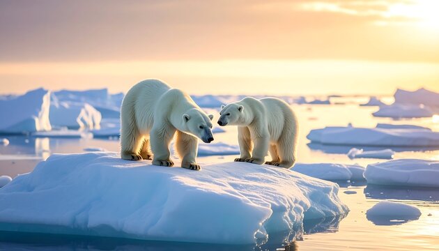 Two polar bears stand on an ice floe, bathed in the warm glow of the setting sun over a calm, icy ocean - Powered by Adobe