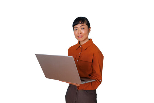 Asian businesswoman working on laptop, managing professional network, presenting corporate technology solutions on transparent background