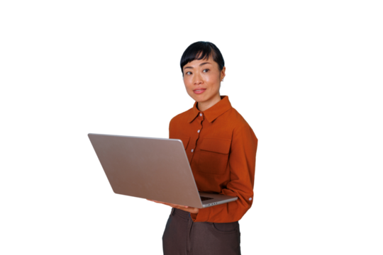 Asian businesswoman working on laptop, managing professional network, presenting corporate technology solutions on transparent background - Powered by Adobe