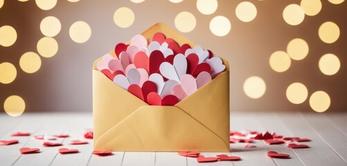 Yellow envelope overflowing with red pink and white paper hearts on a wooden surface with bokeh lights