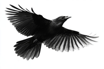 Fototapeta premium A black crow soars through the sky wings spread wide in a graceful dynamic flight.