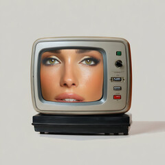 Creative portrait of a person displayed on a vintage television set with a white background
