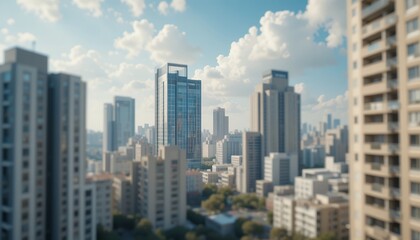 Modern urban cityscape featuring diverse high rise buildings under a clear bright sky with