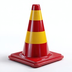 Brightly colored red and yellow traffic cone stands alert on a white background