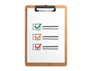 Wooden clipboard with a white paper showing a checklist with three items marked with different colored checkmarks isolated on transparent background