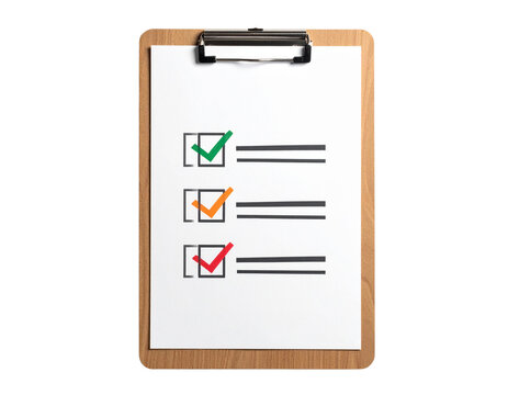 Wooden clipboard with a white paper showing a checklist with three items marked with different colored checkmarks isolated on transparent background
