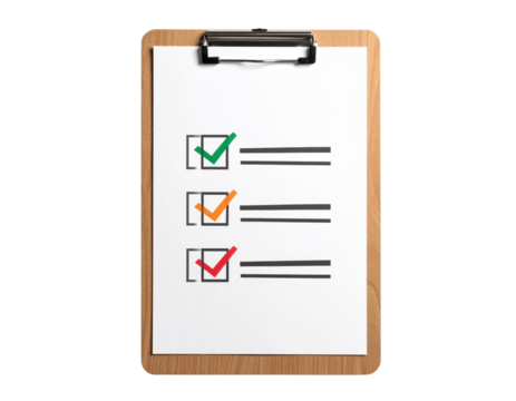 Wooden clipboard with a white paper showing a checklist with three items marked with different colored checkmarks isolated on transparent background