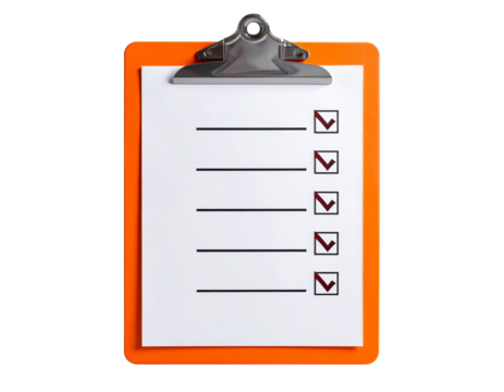 Orange clipboard with paper and checked boxes isolated on transparent background