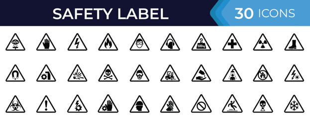 Industrial safety label icon set. Vector glyph symbols of voltage, fire, explosion, toxic, chemical, radiation, laser, magnet, hazard black silhouette illustration