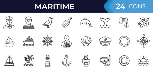 Maritime and nautical glyph icon set. Vector symbols of ships, anchor, compass, lighthouse, marine animals, ocean waves, sailing and sea travel in black silhouette style