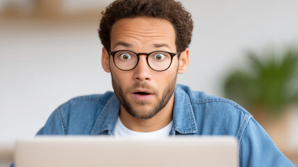 Surprised man with curly hair and glasses is staring at a laptop screen, expressing shock and amazement, in a bright indoor environment with plants in the background