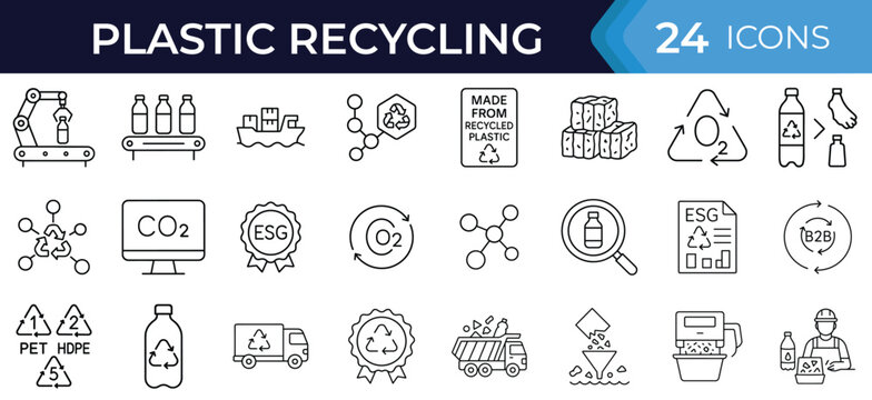 Plastic recycling line icon set. Vector symbols of waste sorting, processing, reuse, energy recovery, sustainability, transport, factory, and environmental cycle thin linear illustration