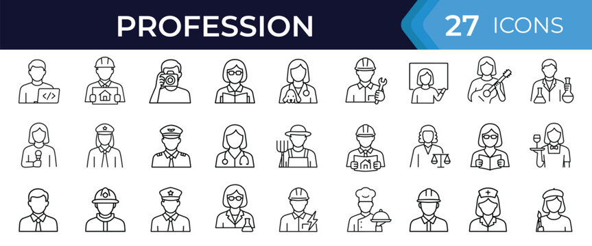 Profession line icon set. Vector symbols of job roles, worker avatars, careers, medical, technical, service, creative occupations thin linear illustration