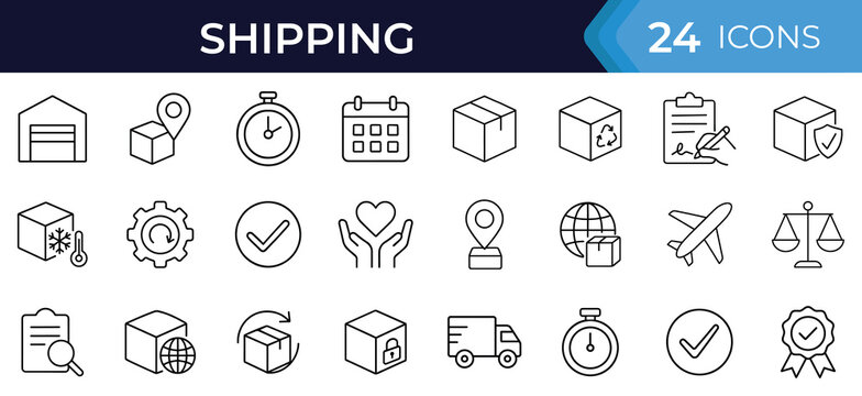 Shipping fulfillment line icon set. Vector symbols of delivery, logistics, parcel, warehouse, tracking, pickup, schedule thin linear illustration