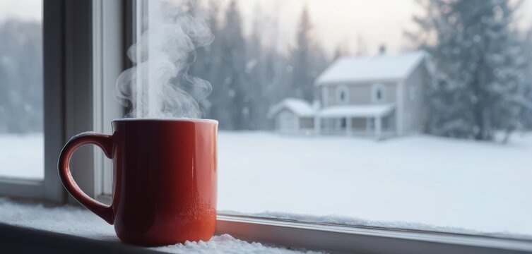 Red mug of steaming hot beverage on snow covered windowsill with a winter house scene in the background
