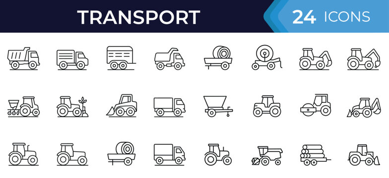 Agricultural and forestry vehicles line icon set, farm machinery, transport equipment, tractor, trailer, irrigation, grain, seed drill, silage, fertilizer thin linear vector