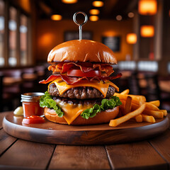Juicy Double Cheeseburger with Bacon and Fries &ndash; Gourmet Food Photography.