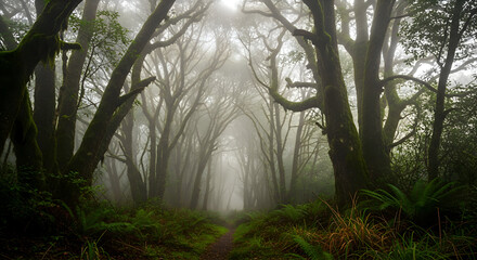 Misty forest path illuminated by ethereal light