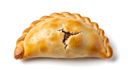 Golden brown empanada with crimped edge on white background