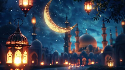 Enchanting Ramadan night with glowing crescent moon and lantern-lit mosque, a beautiful scene of celebration and faith under a starry sky perfect for greetings
