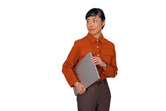Asian woman holding laptop looking away, thinking about innovation and future business technology - Powered by Adobe