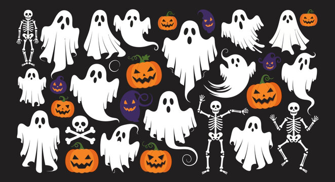 Celebrate the spooky season with a vibrant array of playful ghosts, grinning jack-o'-lanterns, and whimsical skeletons, ideal for Halloween party invitations and festive autumn designs