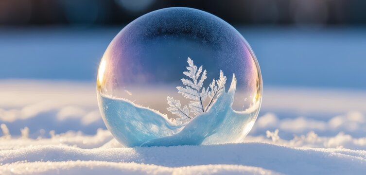 Frozen bubble with ice crystal formations resting on snow during golden hour sunlight - Powered by Adobe