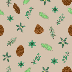 A repeating pattern featuring pinecones and various green leaves on a neutral background, perfect for nature-inspired designs.