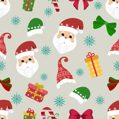 A festive pattern featuring Santa Claus, gifts, candy canes, snowflakes, and bows, perfect for holiday-themed decorations.