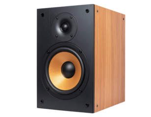 Acoustic hifi bookshelf speaker with a wooden cabinet and orange cone driver isolated on transparent background