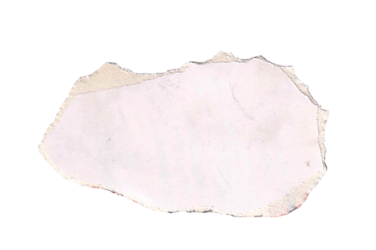A single piece of torn paper with frayed edges, isolated on a black background. The paper has a light, off-white color and shows subtle texture and discoloration.