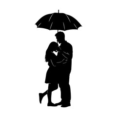 The silhouette of a couple sharing an umbrella